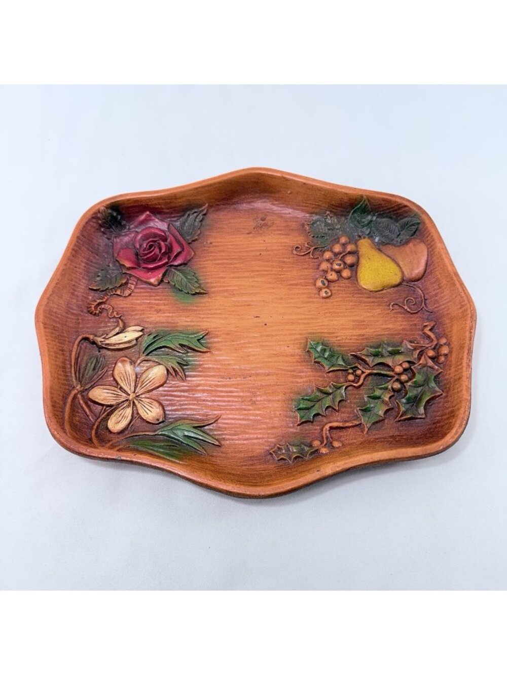 Vintage Multi Products Four Seasons Tray Serving Plate Fruit Flowers Faux Wood